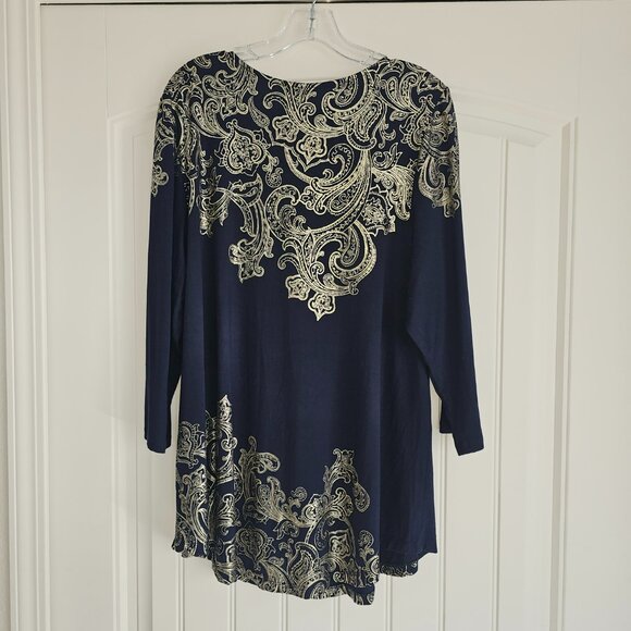 JM Collection - Dark Blue with Gold Foiled Decoration Evening Blouse - Picture 4 of 5